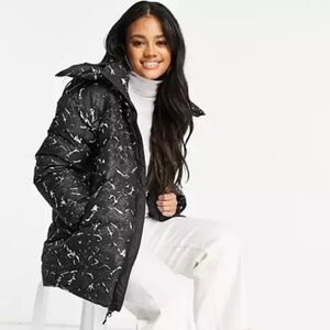 North Face Down Hooded Parka Puffer Black Abstract Women Coat S (runs big